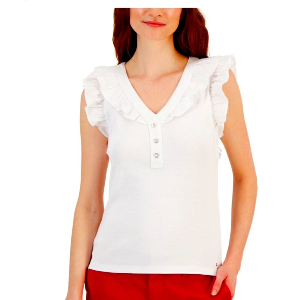 WOMEN'S COTTON SOLID-COLOR RUFFLED HENLEY TOP IN WHITE sz M